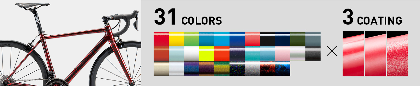 31色のフレームカラー、2色のロゴ、3種の表面仕上げから、一部を除き＋0円で選べます。
